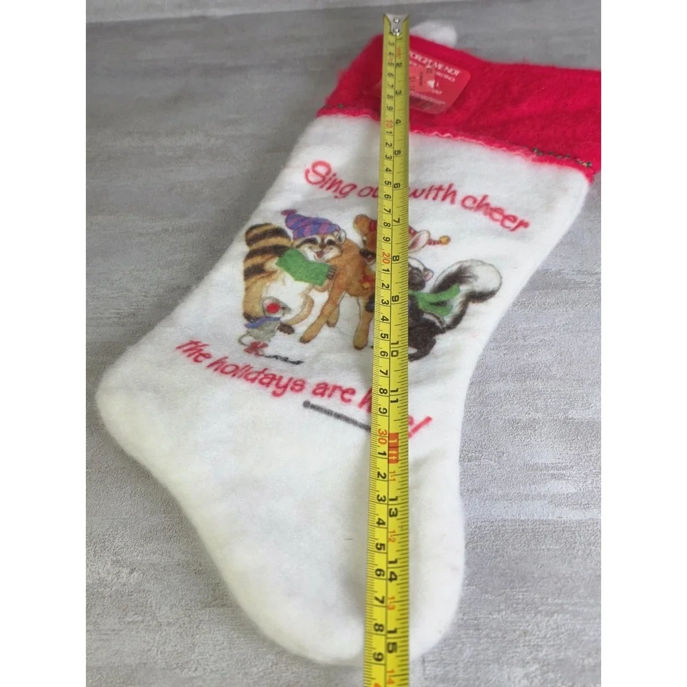 VTG White Red Felt Christmas Stocking Sing out with cheer the holidays are Here!
